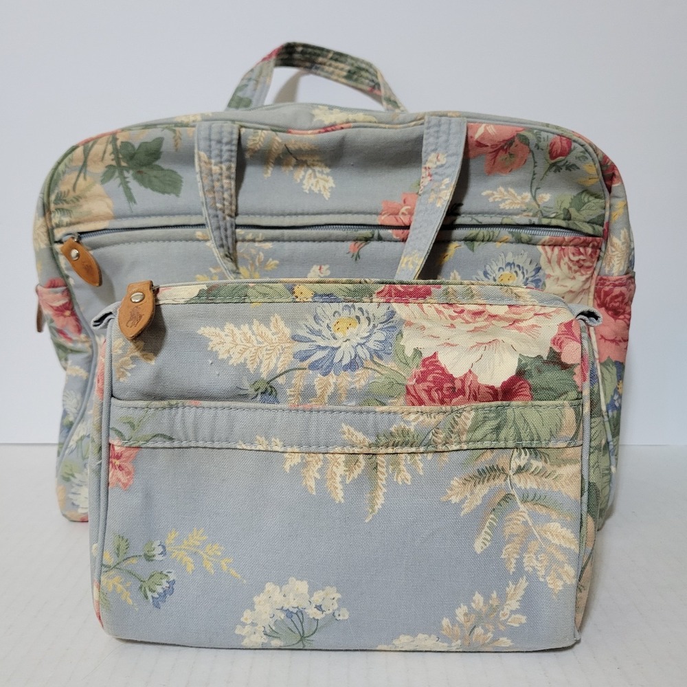 Vintage Ralph Lauren Lot of 2 Matching Blue Floral Travel Makeup Bags Pouch
